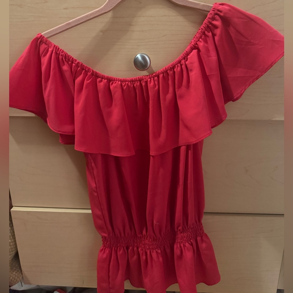 1. State Red Off-Shoulder Ruffle Blouse